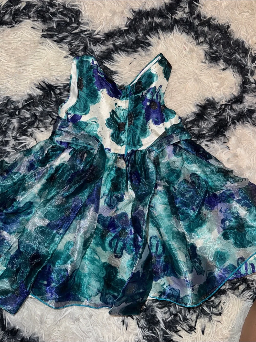 Sweet Heart Rose Teal and Blue Floral Party Dress with Sash Flower